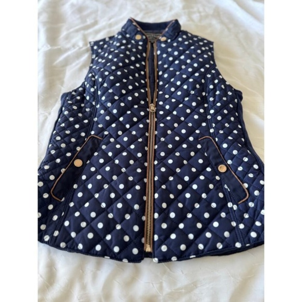 C'est Toi Polka Dot‎ Quilted Puffer Vest, Navy Brown Trim Hiking Camping Size M